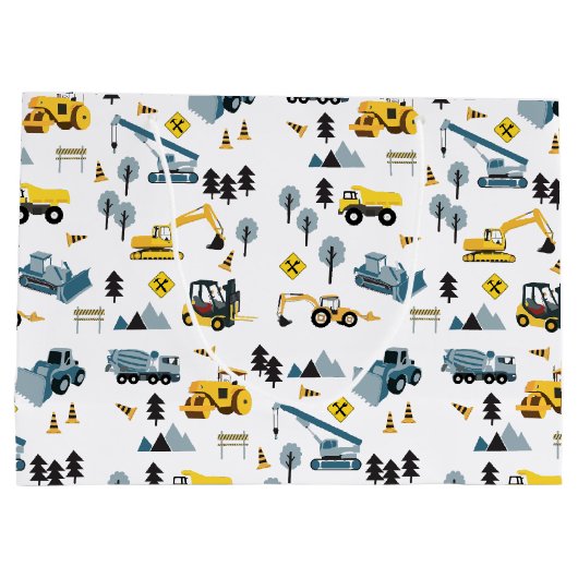 Blue Construction Trucks & Site Theme Pattern Groot Cadeauzakje (Achterkant)