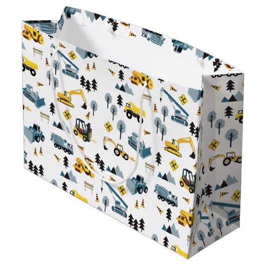 Blue Construction Trucks & Site Theme Pattern Groot Cadeauzakje (Achterkant Gekanteld)
