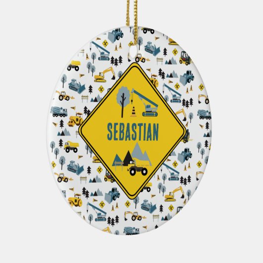 Blue Construction Trucks & Site Theme Pattern Keramisch Ornament (Rechts)