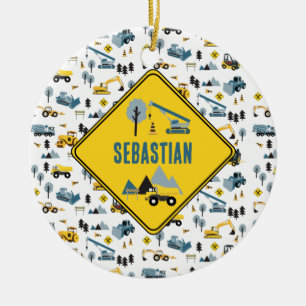 Blue Construction Trucks & Site Theme Pattern Keramisch Ornament