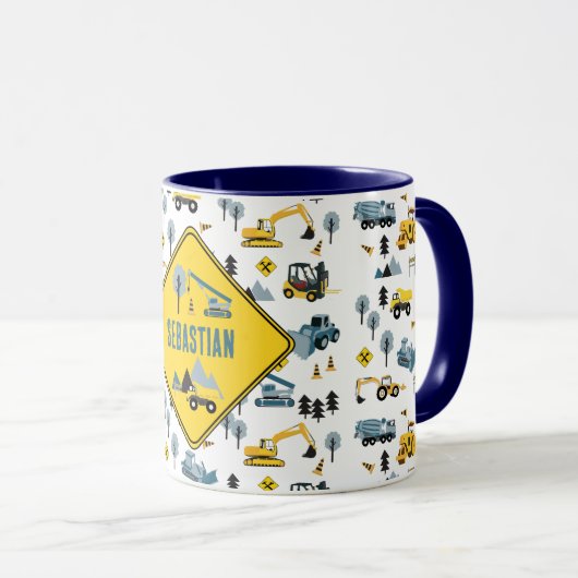 Blue Construction Trucks & Site Theme Pattern Mok (Voorkant rechts)