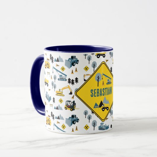 Blue Construction Trucks & Site Theme Pattern Mok (Voorkant links)