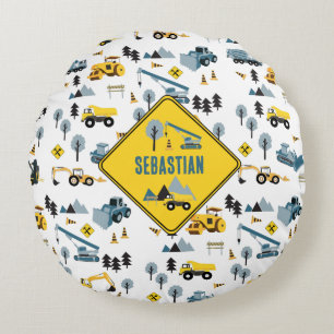Blue Construction Trucks & Site Theme Pattern Rond Kussen