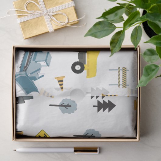 Blue Construction Trucks & Site Theme Pattern Tissuepapier (Geschenk)