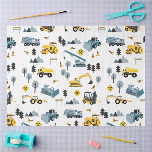 Blue Construction Trucks & Site Theme Pattern Tissuepapier (Craft)