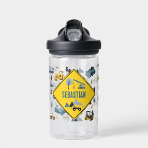 Blue Construction Trucks & Site Theme Pattern Waterfles