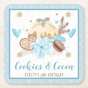 Blue Cookies & Cocoa 2de Verjaardagsfeestje Vierkante Kartonnen Onderzetter