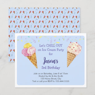 Blue Cool Ice Cream Kids Verjaardagsfeest Uitnodiging Briefkaart