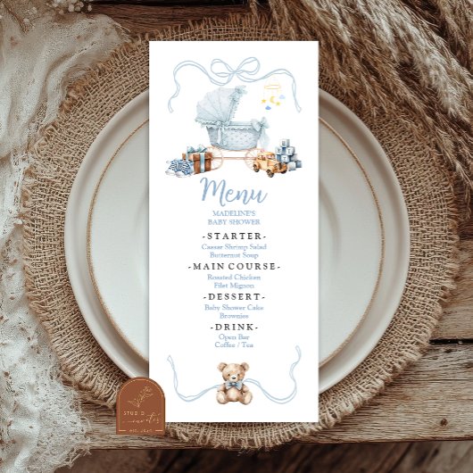 Blue Coquette Baby Carriage Baby Shower Flat Menu