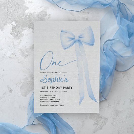 Blue Coquette Bow 1er Anniversaire Invitation