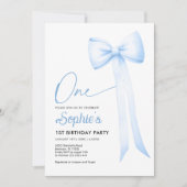 Blue Coquette Bow 1st Birthday Invitation Kaart (Voorkant)