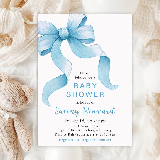 Blue Coquette Bow Baby shower Kaart