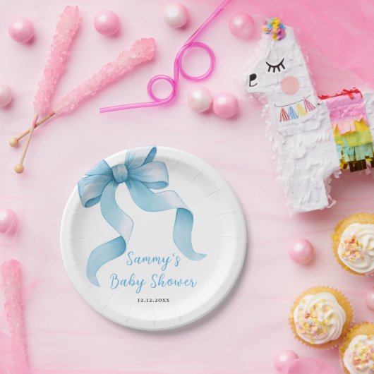 Blue Coquette Bow Baby shower Papieren Bordje (Feest)