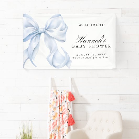 Blue Coquette Bow Boy Baby Shower Welcome Sign Spandoek (Insitu)
