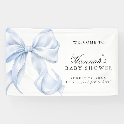 Blue Coquette Bow Boy Baby Shower Welcome Sign Spandoek (Horizontaal)