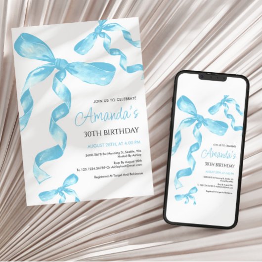 Blue Coquette Bow Invitation Anniversaire