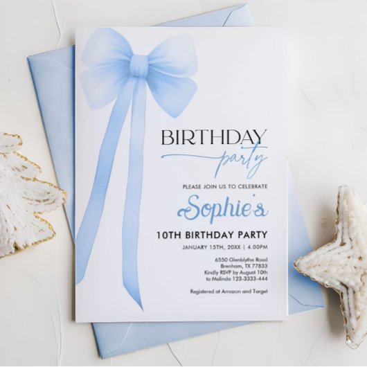 Blue Coquette Bow Verjaardag Uitnodiging