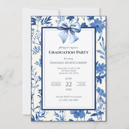 Blue Coquette Toile Bow Afstuderen Invitation Kaart (Voorkant)