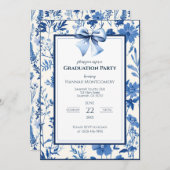 Blue Coquette Toile Bow Graduation Invitation (Devant / Derrière)