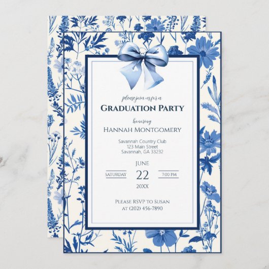 Blue Coquette Toile Bow Graduation Invitation (Devant / Derrière)