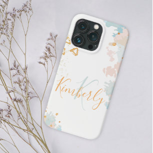 Blue Coral Abstract Marble Gold Monogram Naam iPhone 13 Pro Hoesje