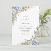 Blue Coral Bloom Flourish Wedding Kaart (Staand voorkant)