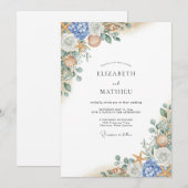 Blue Coral Bloom Flourish Wedding Kaart (Voorkant / Achterkant)