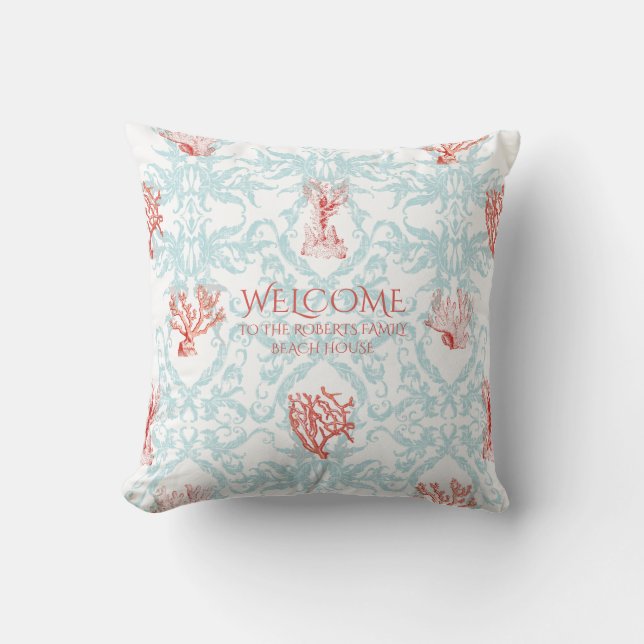 Blue Coral Damask Beach House Welcome Sign Kussen (Voorkant)