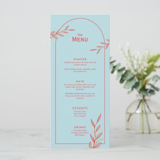 Blue Coral Gold Leaf Mariage Événement Menu plat C (Debout devant)