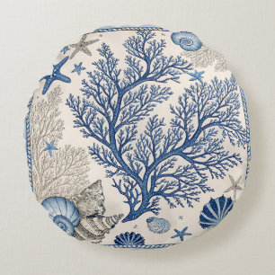 Blue Coral Sierkussen – Coastal Ocean Pattern Rond Kussen