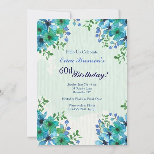 Blue Corner Floral Invitation Kaart (Voorkant)