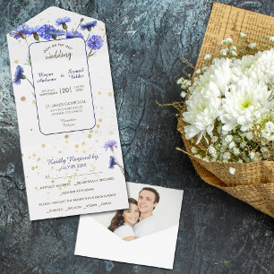 Blue Cornflower Photo Wedding All In One Uitnodiging