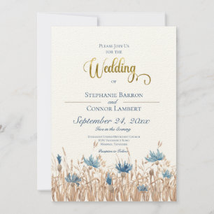 Blue Cornflower & Wheat Field Wedding Invitation Kaart