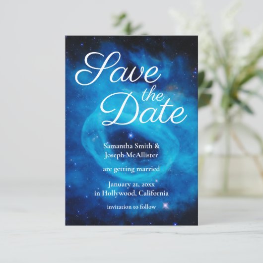 Blue Cosmic Reef Space Photo Save the Date Kaart (Staand voorkant)