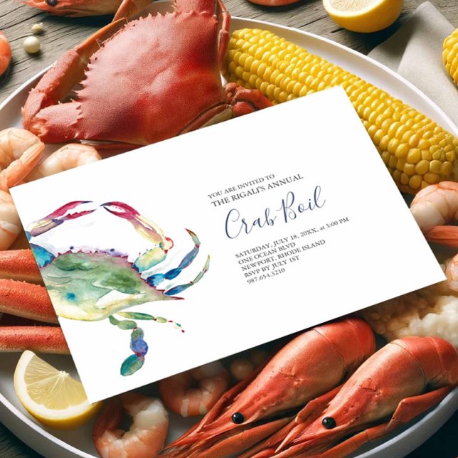 Blue Crab Boil Zomerfeest uitnodiging (Seafood boil invitations features a watercolor blue crab art by Victoria Grigaliunas Do Tell A Belle)