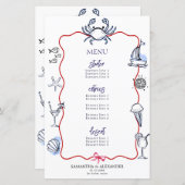 Blue Crab Doodle Beach Coastal Wedding Menu (Voorkant / Achterkant)