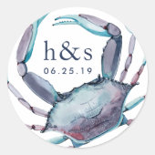 Blue Crab Wedding Monogram Ronde Sticker (Voorkant)