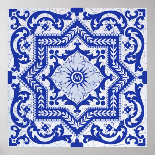 Blue Cracked Ceramic Style Azulejo  Poster (Voorkant)