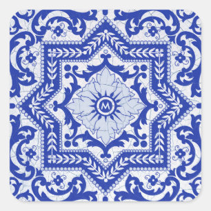 Blue Cracked Ceramic Style Azulejo  Vierkante Sticker