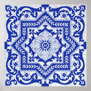 Blue Cracked Ceramic Style Azulejo Vintage Poster