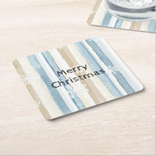 Blue Cream Christmas Stripes Sneeuwvlokken Vierkante Kartonnen Onderzetter