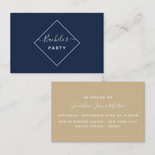 Blue & Cream Diamond Bachelor Party Ticket Invite (Voorkant / Achterkant)