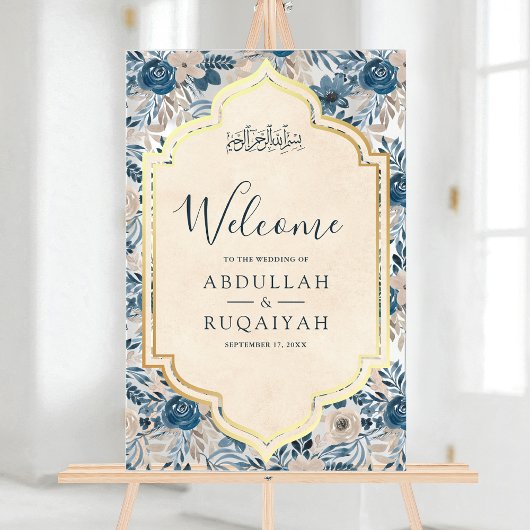 Blue Cream Floral Gold Muslim Wedding Welcome