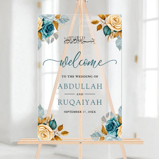 Blue Cream Floral Muslim Wedding Welcome