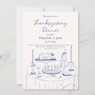 Blue & Cream Hand Drawn Doodle Thanksgiving Dinner Kaart