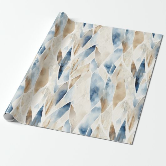 Blue Cream Ivory Abstract strand Cadeaupapier (Uitgerold)