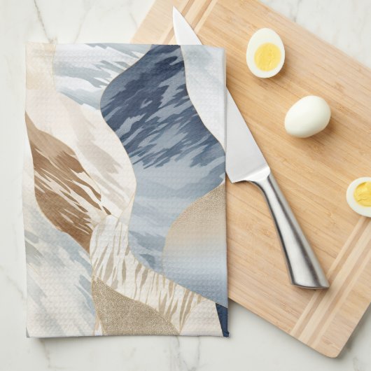 Blue Cream Ivory Abstract Waves Beach Theedoek (Quarter Fold)