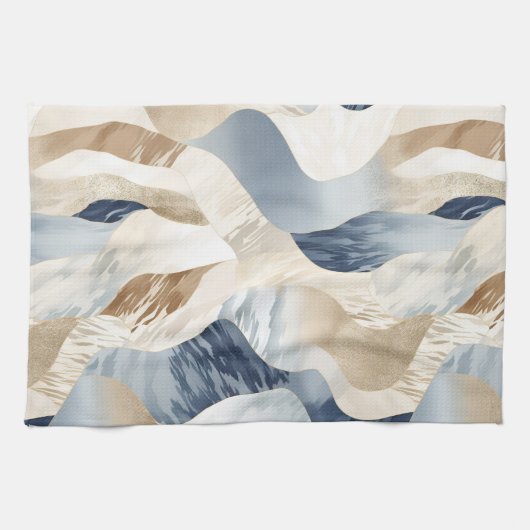 Blue Cream Ivory Abstract Waves Beach Theedoek (Horizontaal)