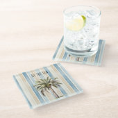 Blue Cream Stripes Tropical Palm Tree Glazen Onderzetter (Schuin)