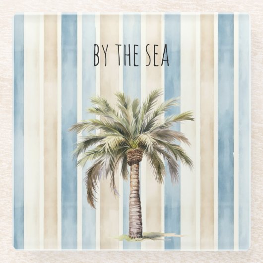 Blue Cream Stripes Tropical Palm Tree Glazen Onderzetter (Voorkant)